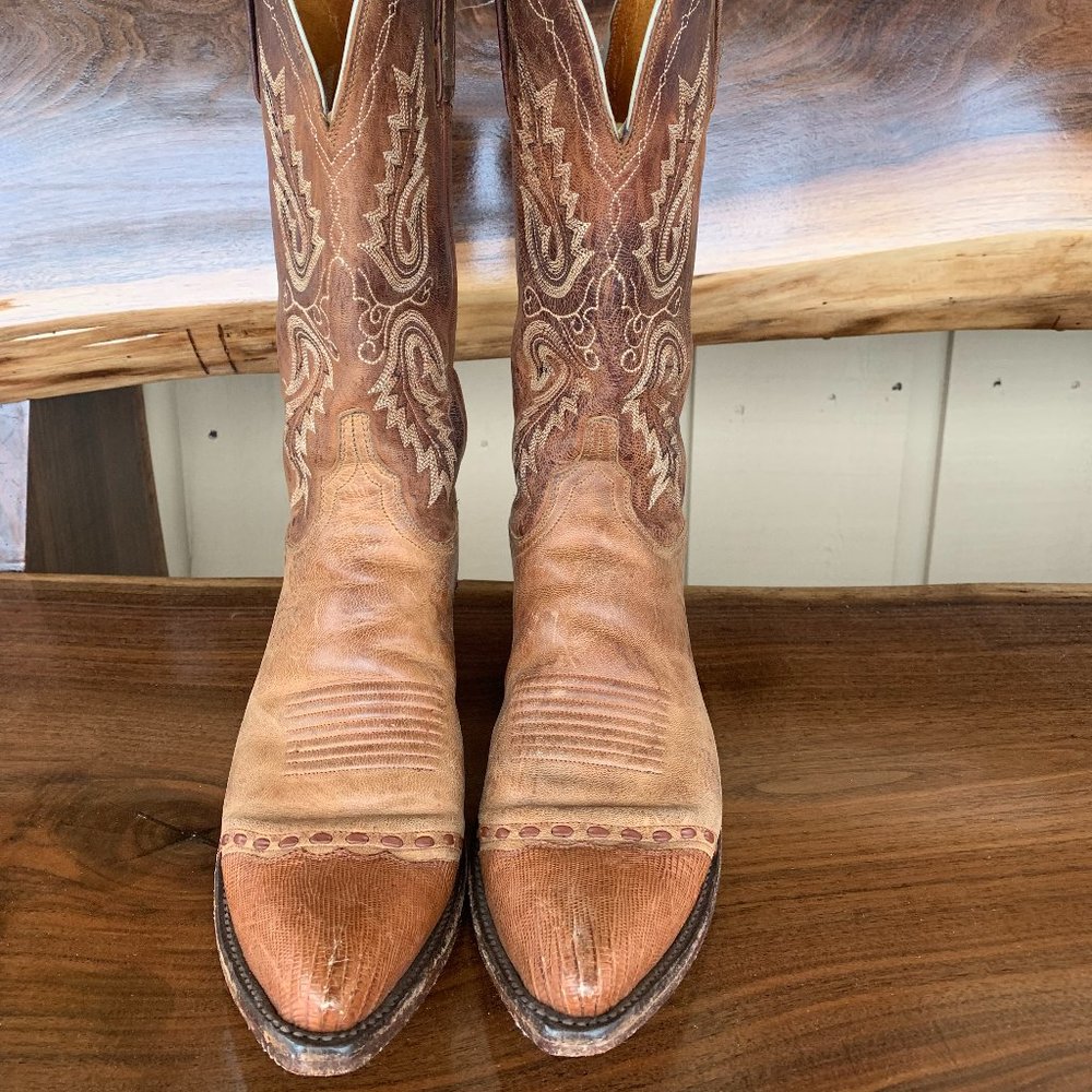 Lucchese Brown Tan Embroidered Leather Western Heeled Boots